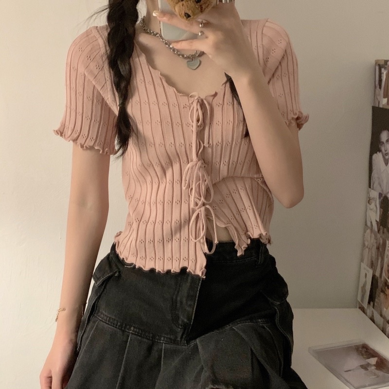Áo len hè dây nơ vải len tăm phong cách ulzzang teen hàn quốc tôn body hot trend tiktok năng động