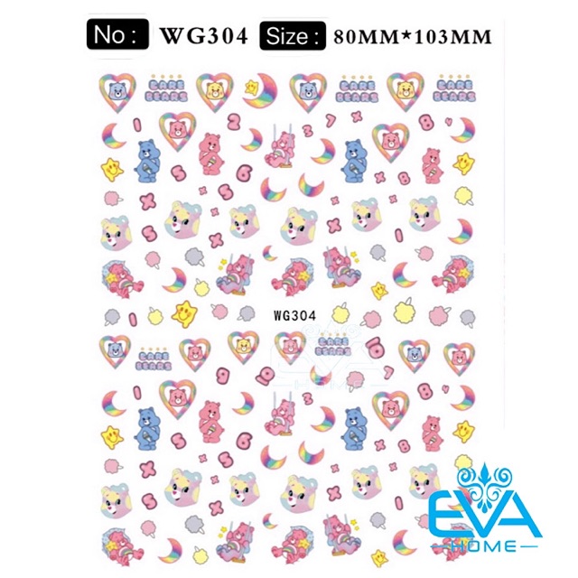 Miếng Dán Móng Tay 3D Nail Sticker Tráng Trí Hoạ Tiết Hoạt Hình Gấu Care Bears WG304