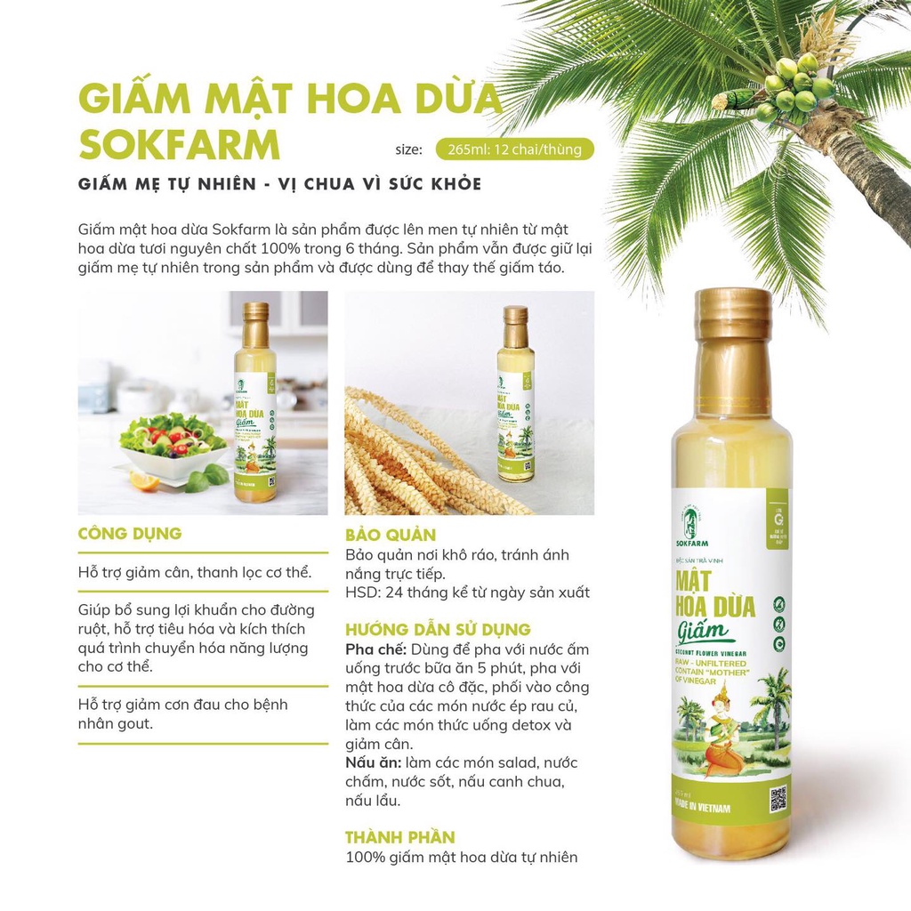 Giấm mật hoa dừa Sokfarm 265ml được lên men tự nhiên từ mật hoa dừa tươi nguyên chất 100%
