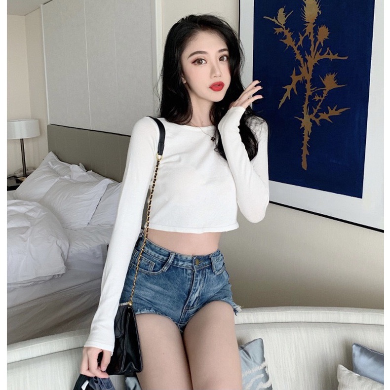 Áo Croptop Dài Tay Thun Gân Co Dãn Cổ Tròn 299 Thời Trang Sành Điệu Style Trẻ Trung Năng Động - Hazo