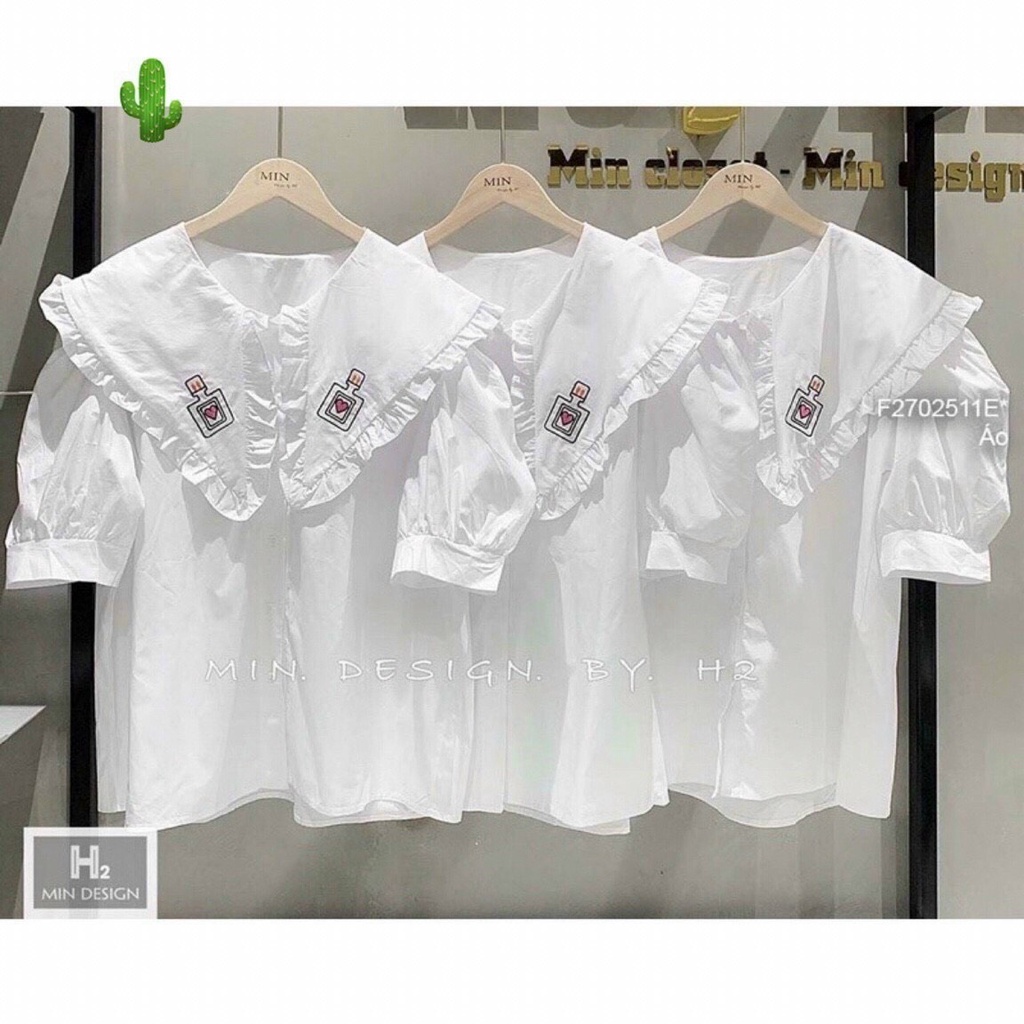 áo sơ mi cổ nhọn bèo thêu chai nước cực xinh xắn chất kate mềm p