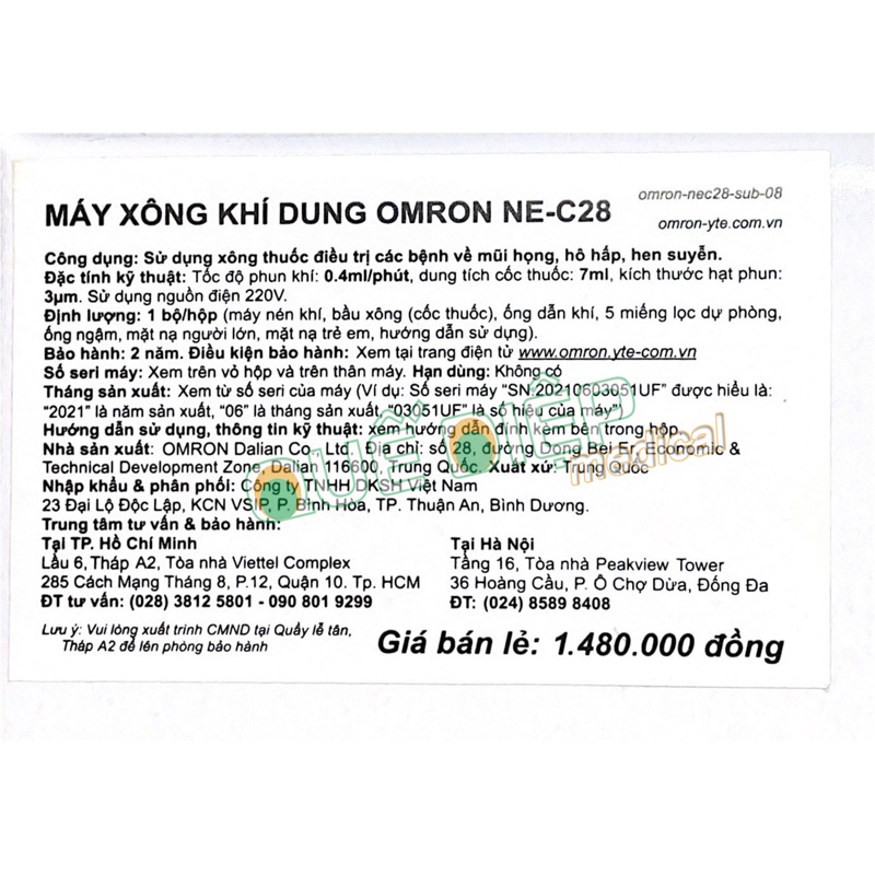 OMRON NE-C28 - Máy xông khí dung OMRON NE C28, tốc độ xông 0,4ml / phút, kích thước hạt nhỏ MMAD 3µm