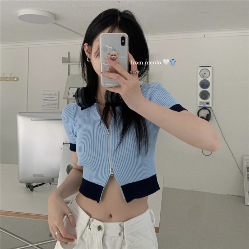 Áo croptop khóa kéo Hàn Quốc xanh trời Pastel cá tính năng động ảnh thật cuối