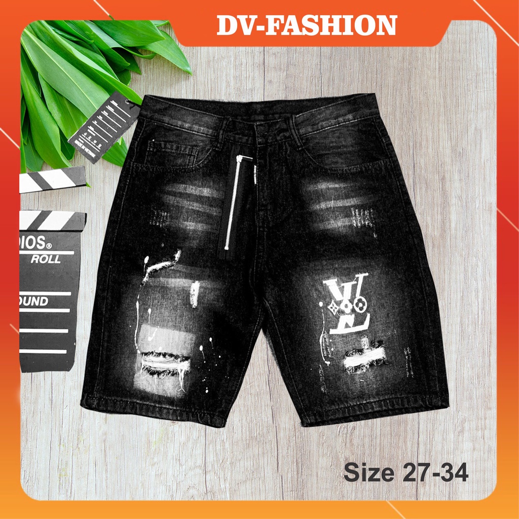 Quần short jean nam đen rách LV chất bò vải dày không ra màu hàng vnxk cao cấp giá rẻ