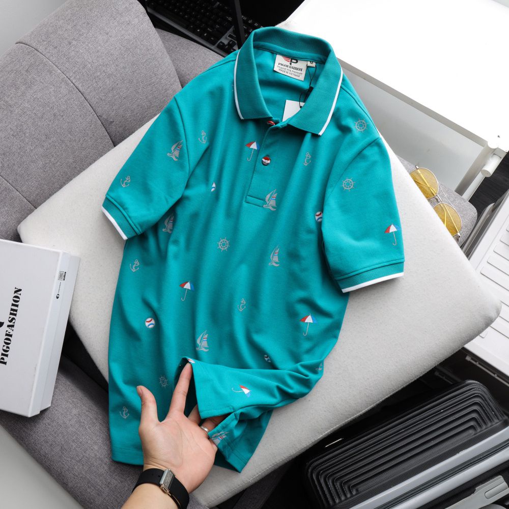 Áo thun nam cổ bẻ họa tiết con thuyền phối bo Pigofashion AHT27 màu trắng, chọn nhiều màu.