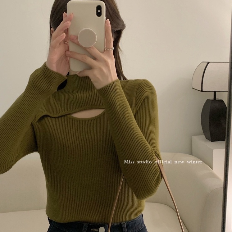 Áo dệt kim ZHELIHANGFEI tay dài cổ cao thiết kế bất đối xứng thời trang quyến rũ