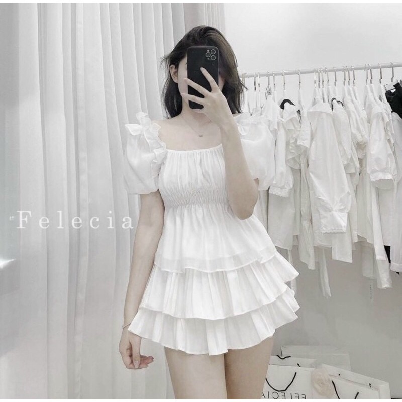 SET ÁO TRẮNG BO EO TAY PHỒNG CHAN VÁY