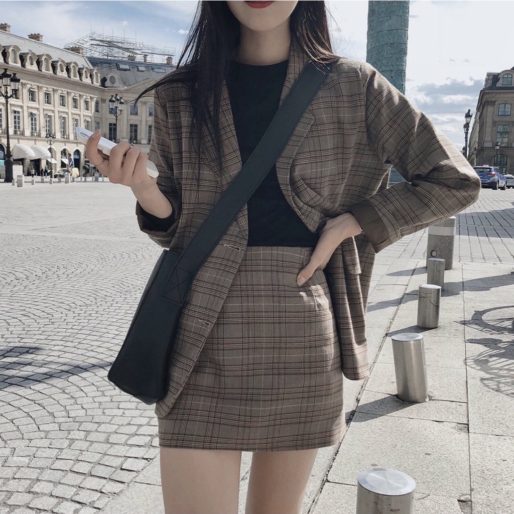 [Ảnh thật] Áo blazer kẻ caro 2 lớp túi nắp phong cách Hàn Quốc - Áo vest caro dáng rộng ulzzang