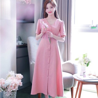 Đầm váy freesize hồng nút bọc form dài