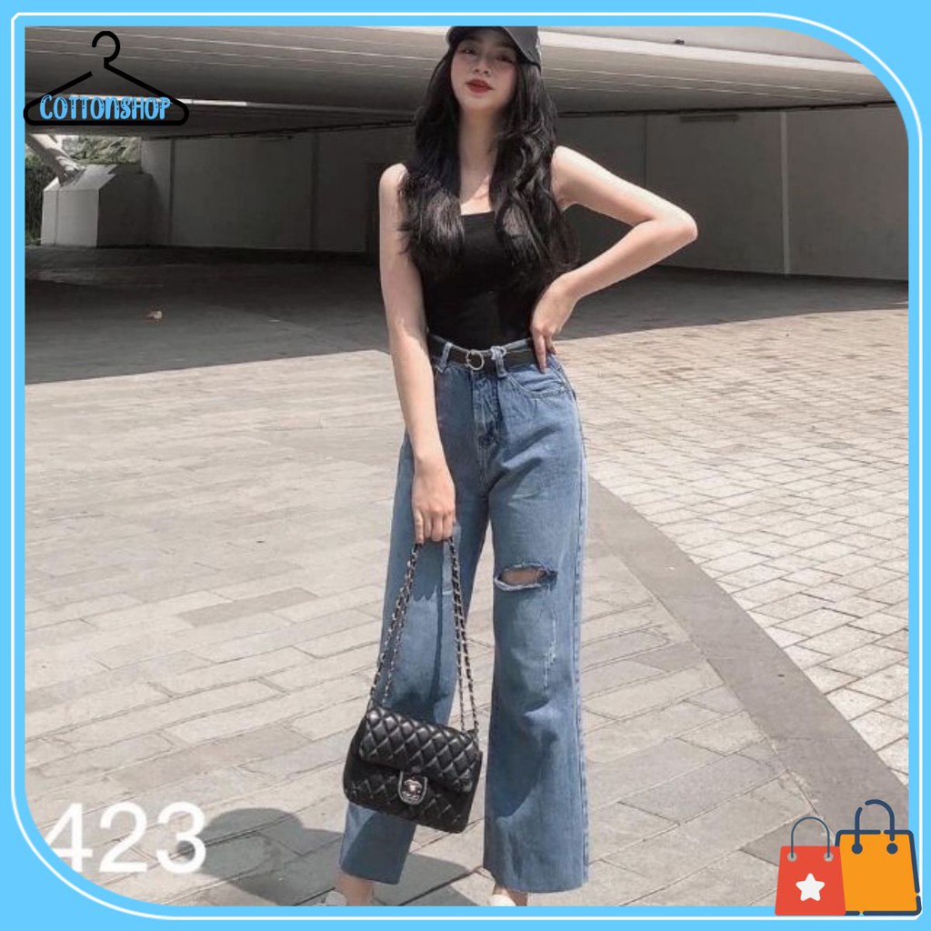 [Giá siêu rẻ] Quần jeans rách lai lưa ống rộng mã 423