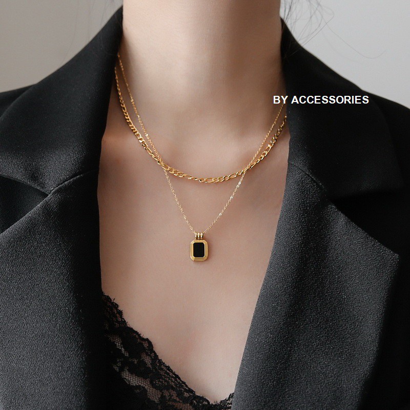 Dây chuyền titan 2 tầng vintage mặt chữ nhật màu đen không gỉ