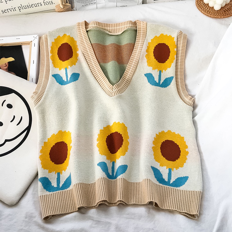 Áo len cổ chữ V họa tiết hoa cúc phong cách retro Hàn Quốc