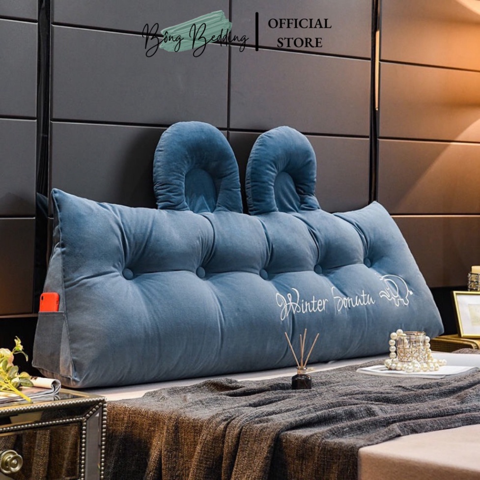 Gối Tựa Đầu Giường HIN BEDDING Mẫu Tai Gấu Đính Khuy Bọc Nỉ Cao Cấp Hàng Có Sẵn Kích Thước 1m5 và 1m8 cao 55cm