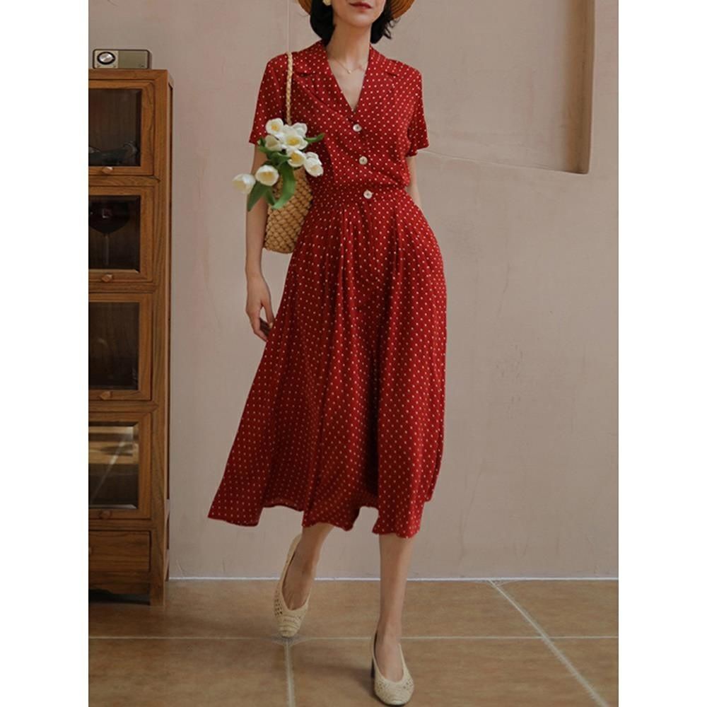 Đầm Sơ Mi Đỏ Dáng Dài Ôm Eo Họa Tiết Chấm Bi Cổ Điển Kiểu Pháp