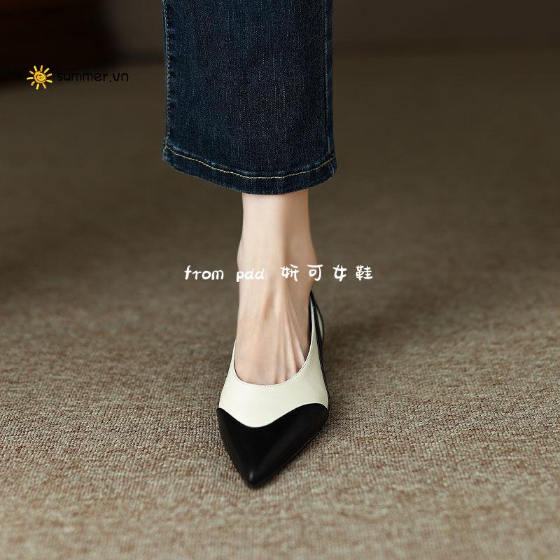 Giày Da Mềm Mũi Nhọn Phối Màu Phong Cách Retro Thời Trang Cho Nữ
