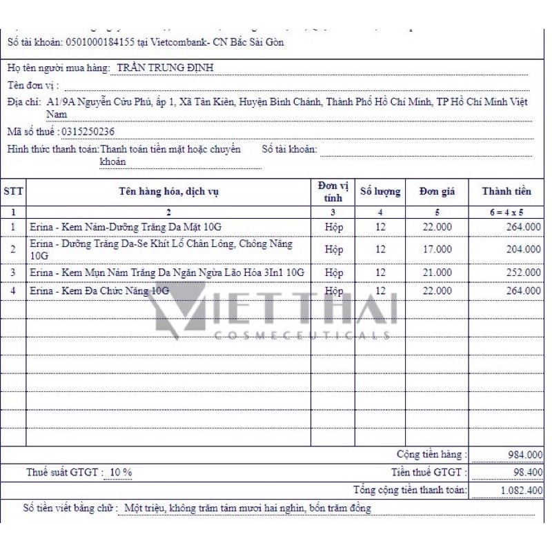 Kem ngọc trai erina đủ giấy hoá đơn