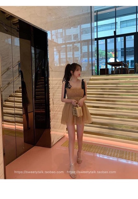 Đầm lưới công chúa 2 dây ruy băng form ngắn che quần đùi | BigBuy360 - bigbuy360.vn