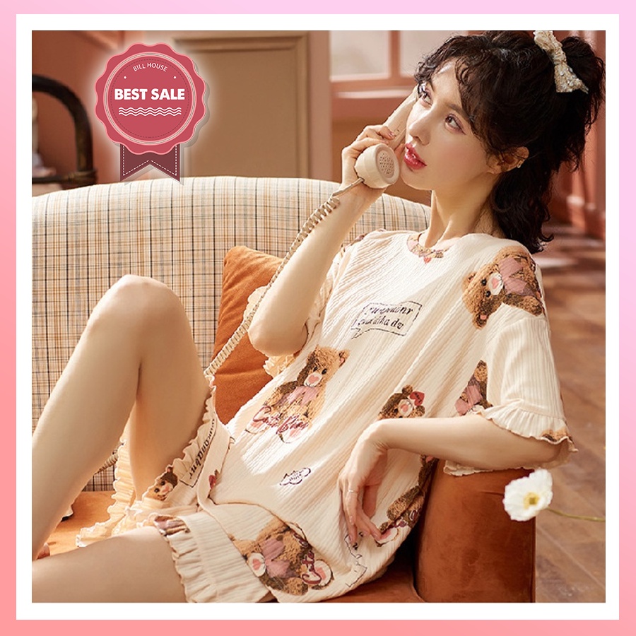 Đồ bộ nữ dễ thương mặc nhà cao cấp tay cộc quần cộc cho mùa hè chất cotton mềm mịn BC10