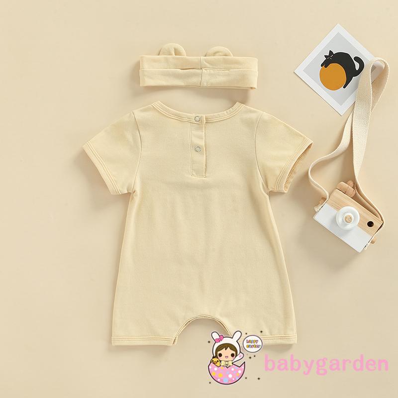 Bộ áo liền quần cổ tròn tay cộc in hình gấu hoạt hình + băng đô cho bé trai 0-18 tháng tuổi