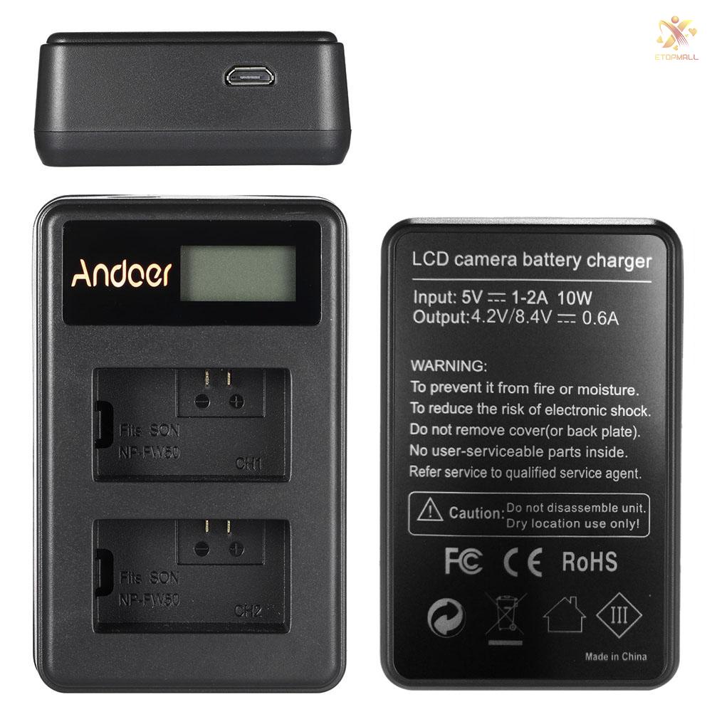 ET Andoer NP-FW50 Rechargeable LED Display Li-ion Battery Charger Pack 2-Slot USB Cable Kit for  Alpha A7 A7R A7S A5000 A6000 NEX-3 NEX-5 NEX-5R NEX-5T NEX-6 NEX-7 NEX-C3 NEX-F3 Digital SLR Camera