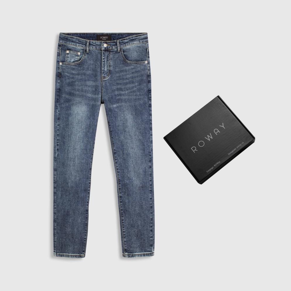 Quần jean nam ROWAY Fullbox, vải denim co giãn nhẹ, form skinny | Jean xanh trơn *