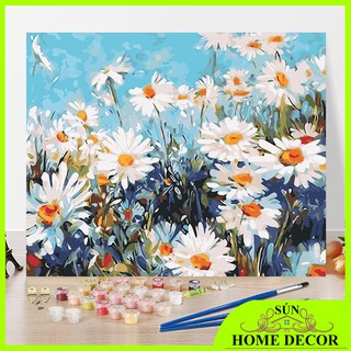 [CÓ KHUNG] Tranh sơn dầu số hoá phong cảnh thiên nhiên, hoa hướng dương, xuyến chi, tranh sơn dầu nghệ thuật trang trí