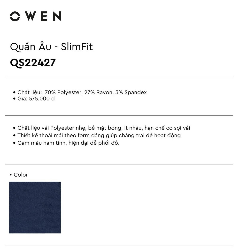 Quần Tây Nam Owen QS22427 Quần Âu Nam Kiểu Dáng Slim Fit Màu Xanh Navy