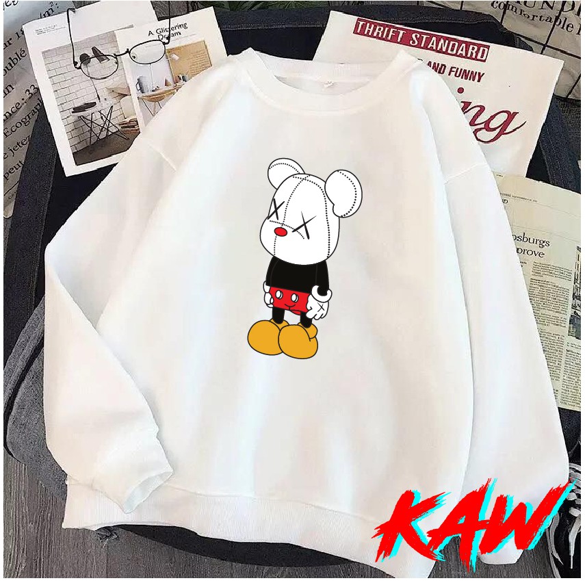 Áo nỉ Sweater KAWS cute form suông rộng unisex cho nam nữ, chất nỉ bông siêu ấm, màu đen trắng cổ tròn