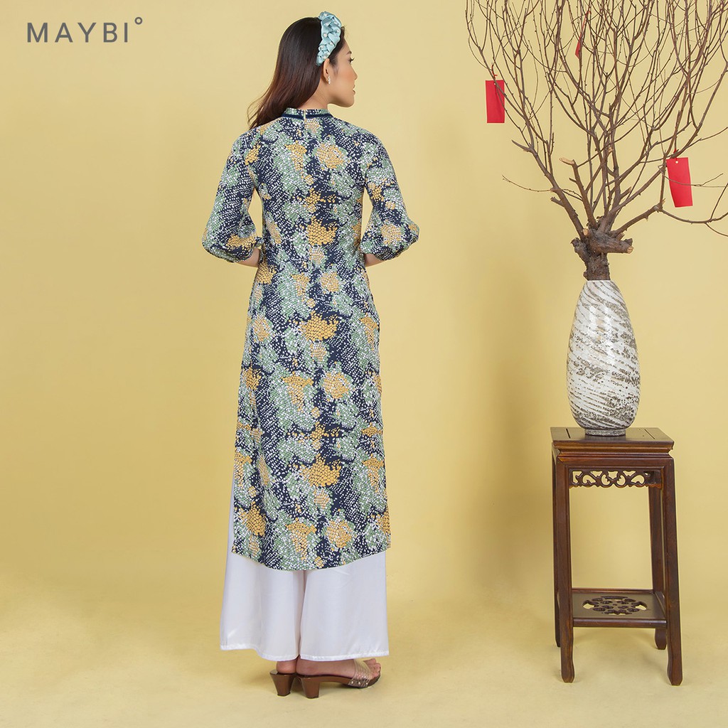 Áo dài Maybi hoạ tiết nền xanh phối nơ cổ