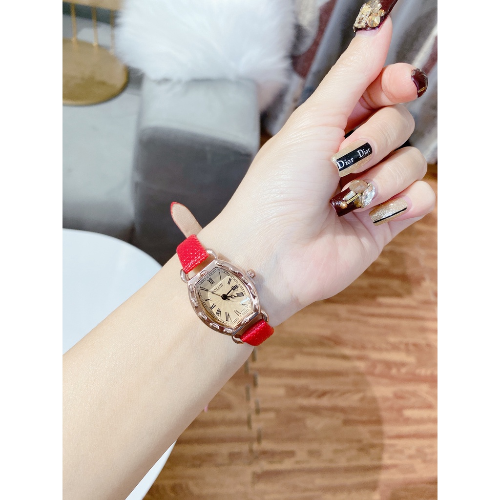 Đồng hồ nữ Bolun dây da Fullbox Mặt chữ nhật đính đá siêu xinh size 22mm. Đồng hồ thời trang giá rẻ