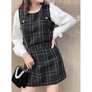 Set chân váy bố đen chữ A mix áo phối tay trắng