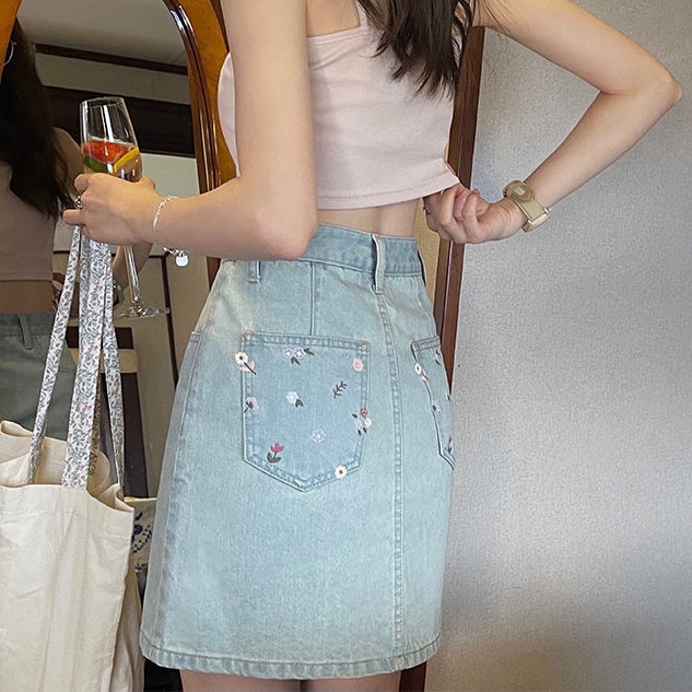 Chân váy jean SUXI chữ A lưng cao thêu hoa thời trang mùa hè cho nữ