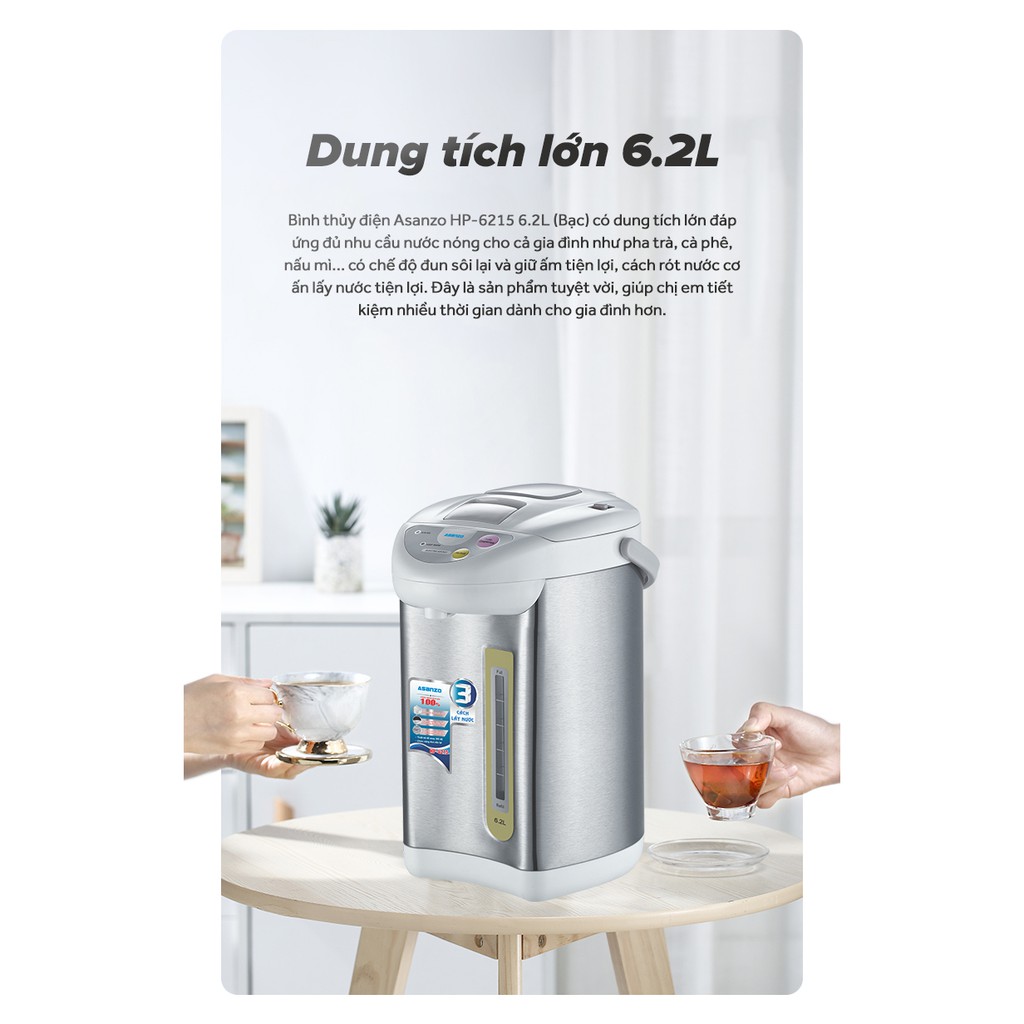 Bình thủy điện thông minh Asanzo HP-6215 (6.2 lít) _ Hàng bảo hành chính hãng 12 tháng