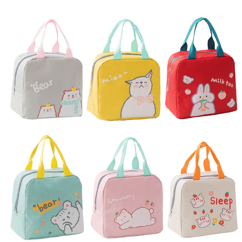 Túi Đựng Hộp Cơm Trưa Bằng Vải Oxford Chống Nước In Họa Tiết Thú Hoạt Hình Dễ Thương Có Tay Cầm Cách Nhiệt Cho Bé