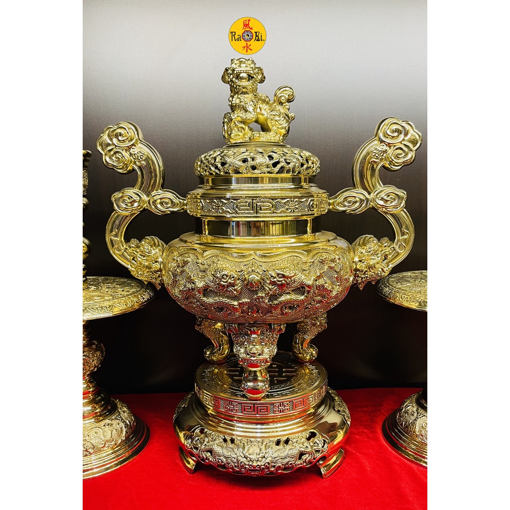 Bộ Tam Sự Lư Lân Tay Mây 45cm + Chân Đèn 33cm - Vật Phẩm Đồng Thờ Cúng Vĩnh Tiến Chất Lượng Cao