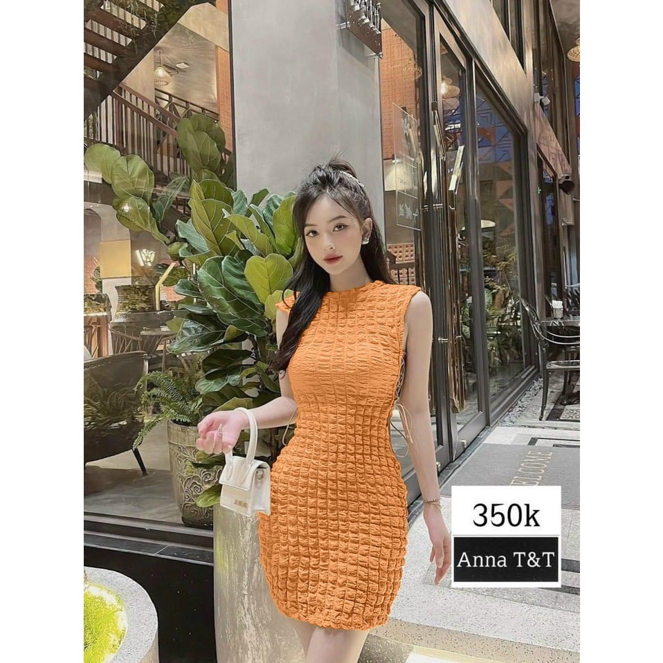 Đầm body bông xốp thắt dây eo tôn dáng