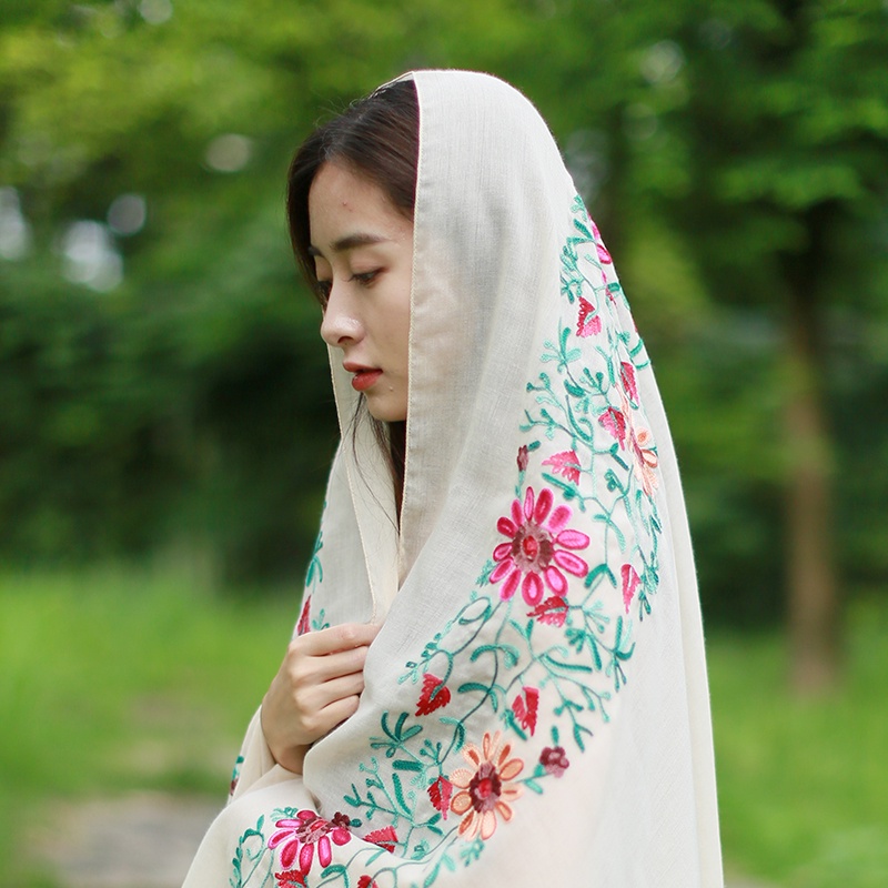 Khăn Choàng Lụa Cỡ Lớn Thêu Họa Tiết Hoa Phong Cách Dân Tộc Thời Trang Đi Biển Mùa Hè