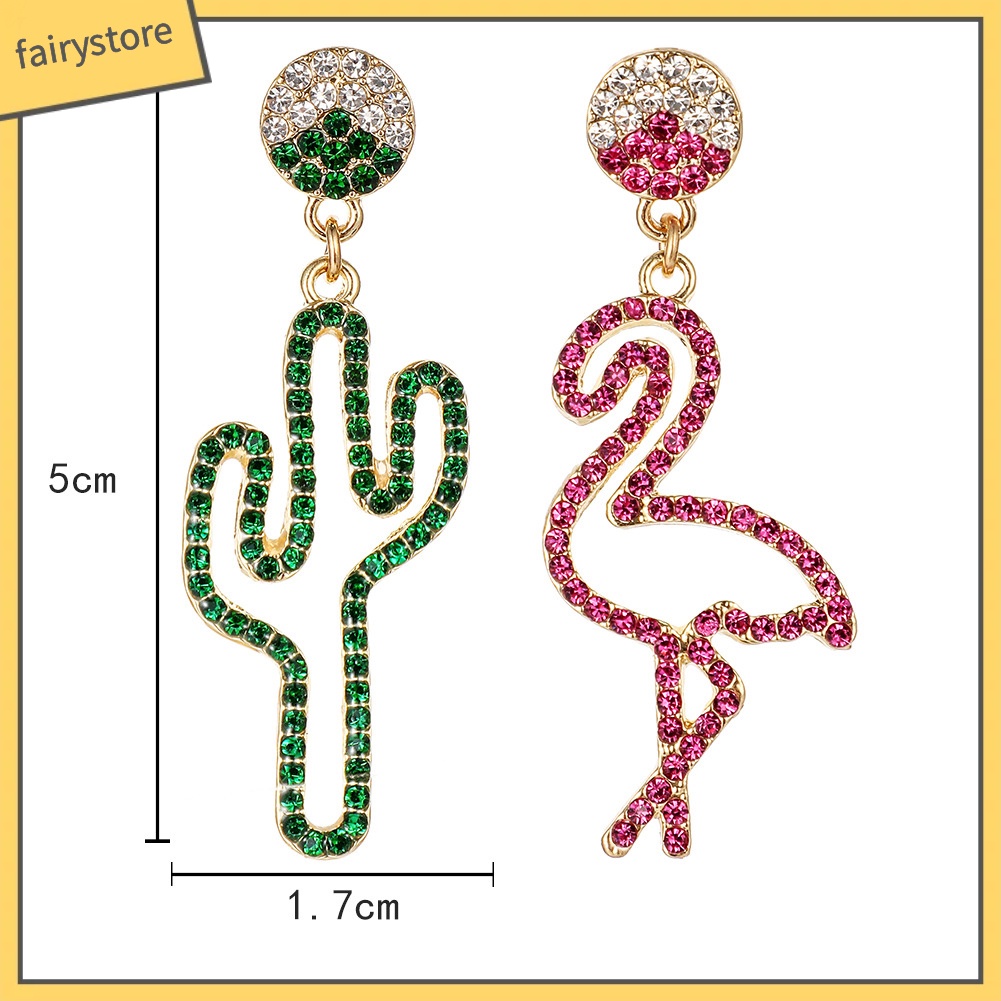 Đôi khuyên tai dài hình hồng hạc và cây xương rồng đính đá thời trang cho nữ