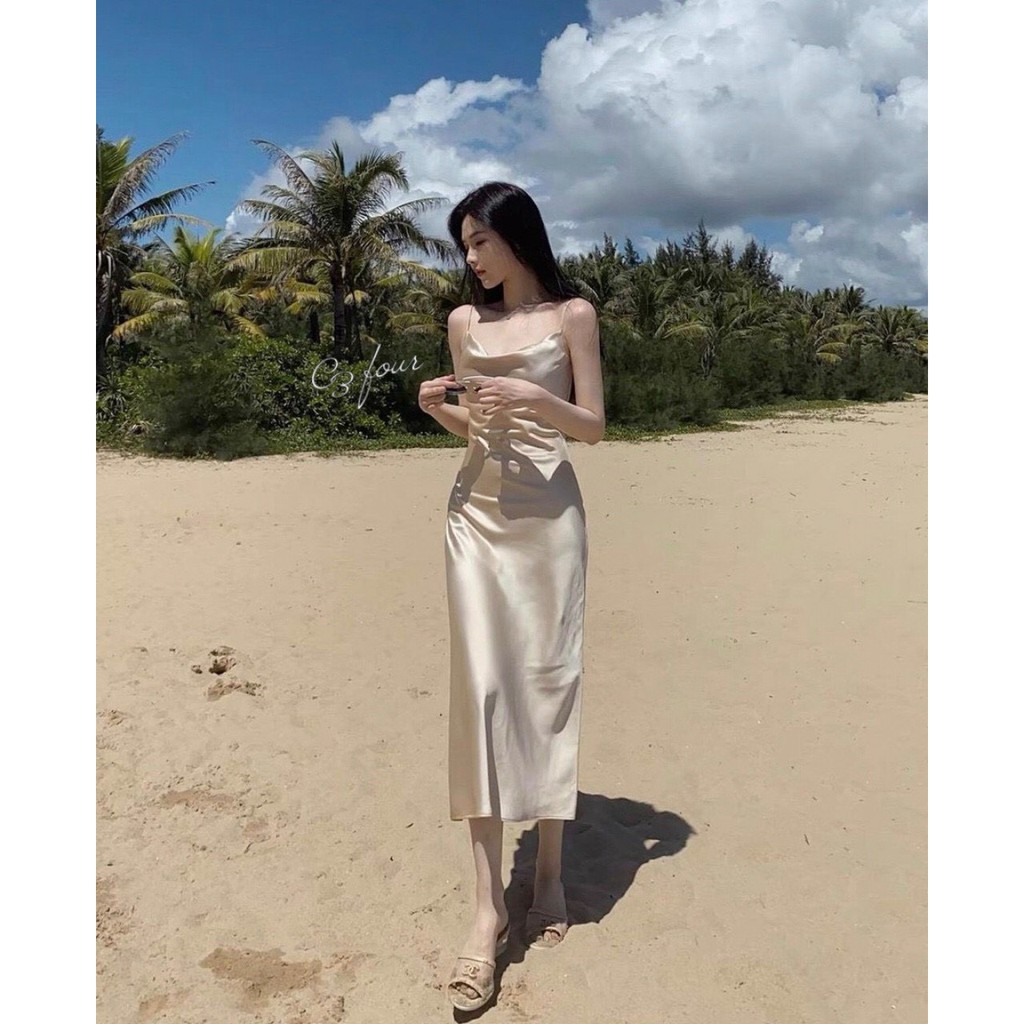 Đầm midi 2 dây cổ đổ hở lưng nude