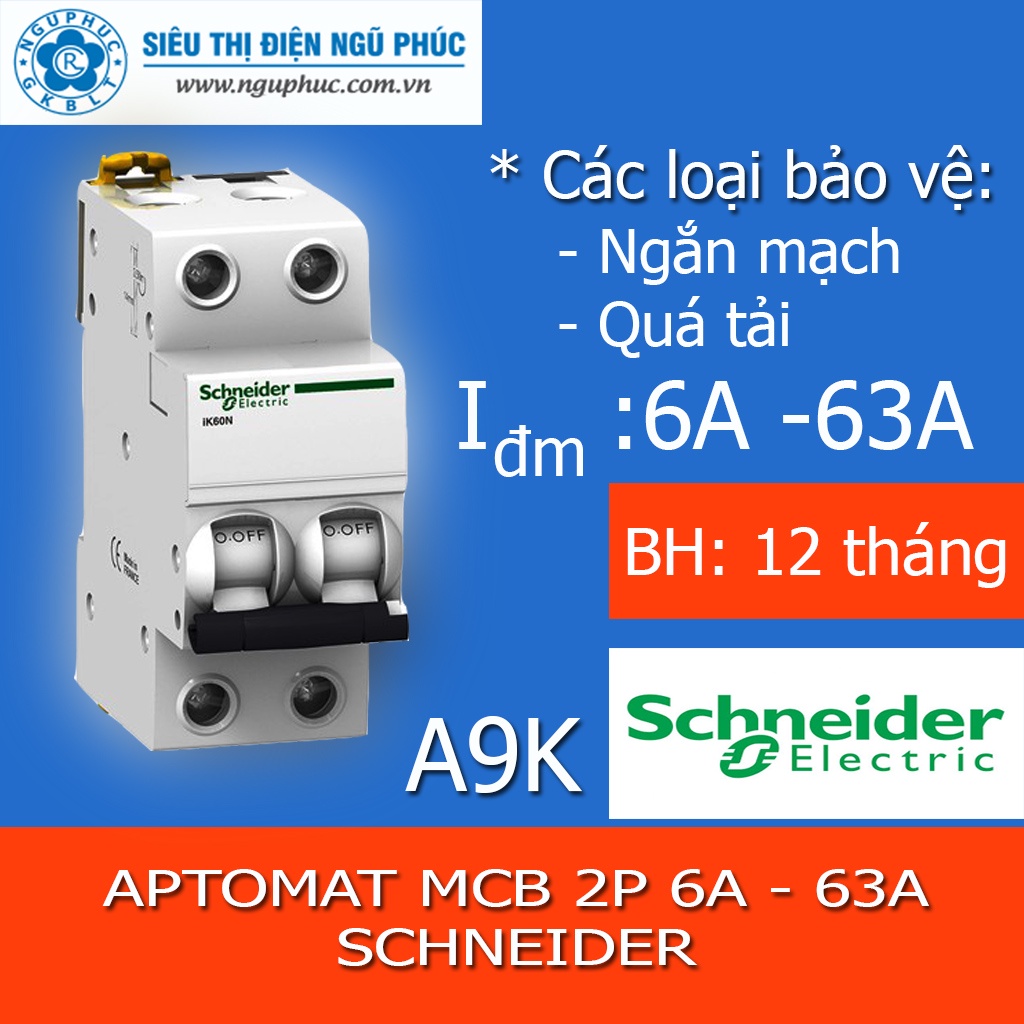 Aptomat MCB Acti9 - 2P - 6A ~ 63A Schneider A9K
