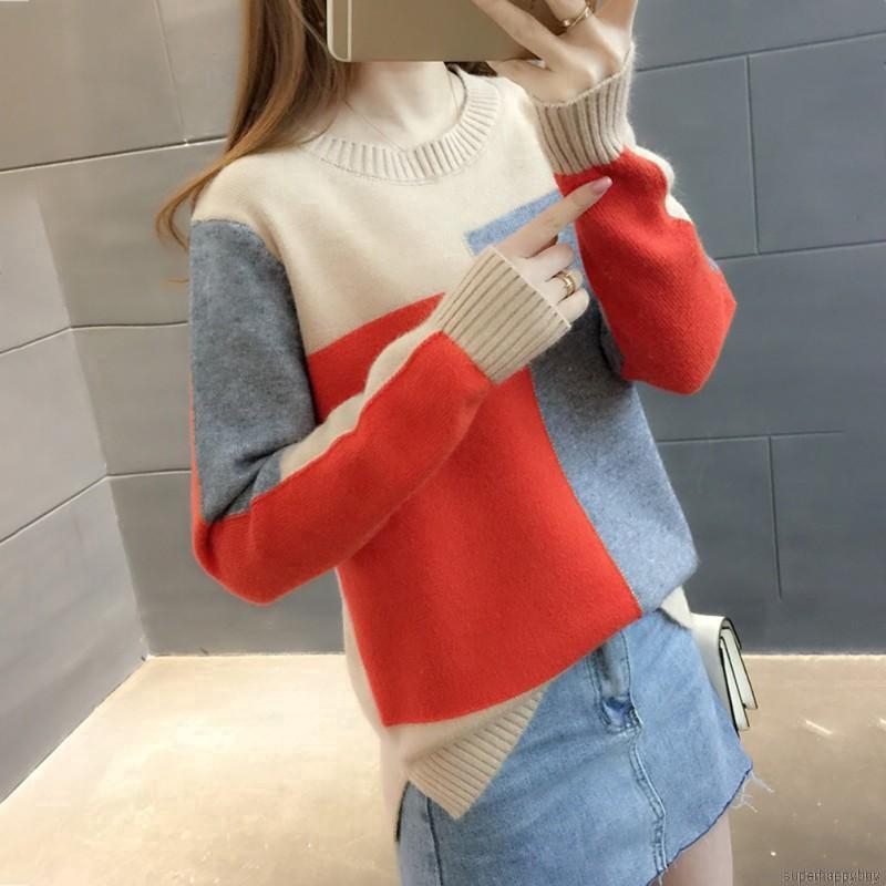 Áo Sweater dệt kim tay dài thiết kế màu tương phản cho phái nữ