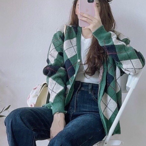 Áo cardigan mỏng hình quả trám Junnie Closet Áo len họa tiết 2 màu xanh lá be Hàn Quốc hottrend