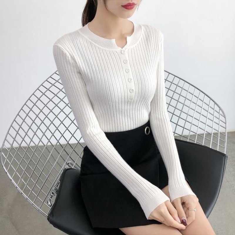 Áo Sweater Dệt Kim Mỏng Cổ Tròn Thấp Phối Nút Thời Trang Thu Đông Hàn Quốc Mới Cho Nữ 210914 | WebRaoVat - webraovat.net.vn