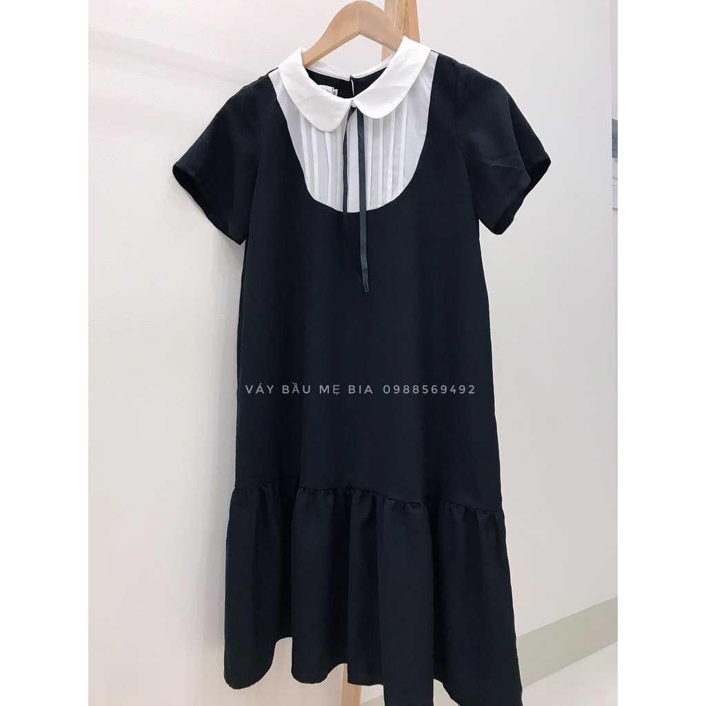 Váy Bầu Thiết Kế Bigsize Gume Đầm Bầu Công Sở Đẹp Ngắn Tay Giả Yếm Xếp Ly Cổ Bẻ Phối Nơ Đen Mặc Đi Chơi Đi Tiệc MB240