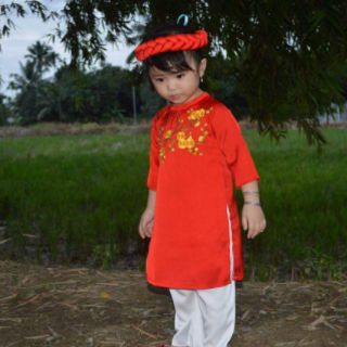 Set áo dài lụa hoa mai bé gái