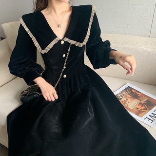 Đầm đen dài tay phong cách retro size s-2xl