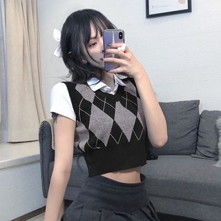 Áo gile croptop dáng ôm hoạ tiết kim cương, phong cách retro hàn quốc
