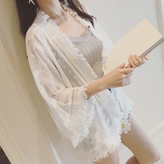 Women Cardigan Lace Embroider Loose Chiffon Cardigan