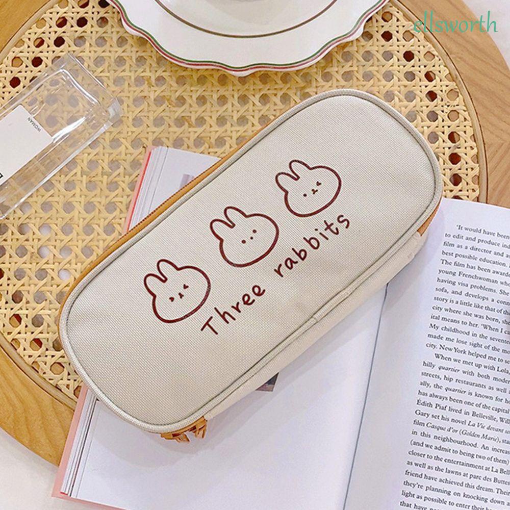 Túi đựng bút/ mỹ phẩm bằng vải canvas cỡ lớn chống thấm nước in họa tiết gấu/ thỏ dễ thương