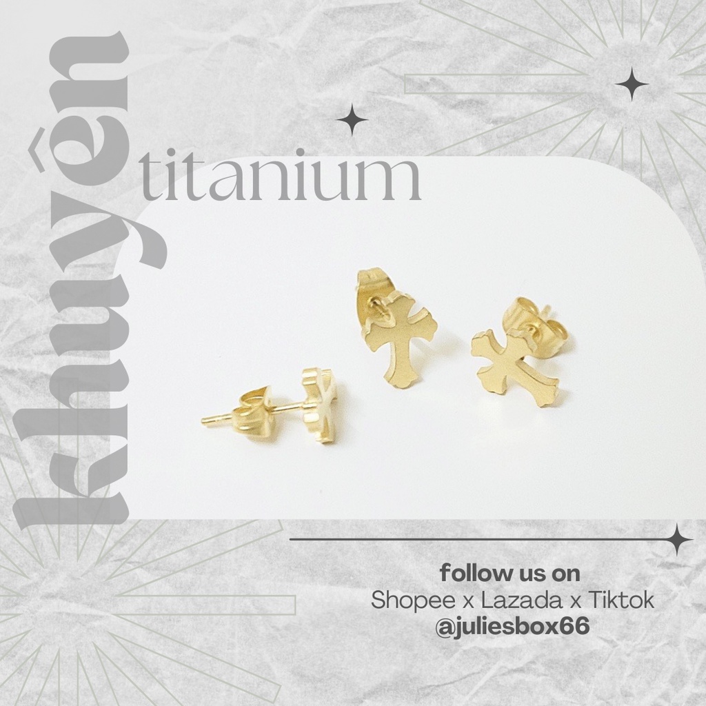 [1 Chiếc] Khuyên Tai Titan Unisex Thánh Giá Vàng Đuôi Gài Không Gỉ Sét Không Ngứa Bông Tai Julies Box 66